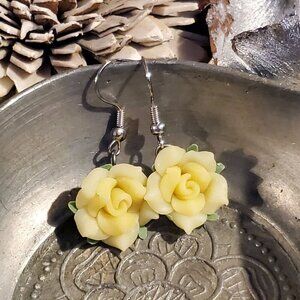 Yellow Rose Flower Handcrafted Fimo Polymer Clay Bead Dangle Earrings
